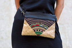 Bag Of Hope BOH gold sequin embroidered waist bag shoulder bag close up model