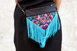 Bag Of Hope BOH blue tassel multicolour embroidered waist bag leather shoulder bag close up