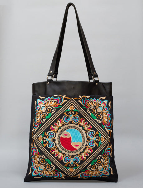 Flying Bee BOH Shopper embroidered leather tote bag front