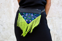 Bag Of Hope BOH green tassel blue embroidered waist bag leather shoulder bag close up