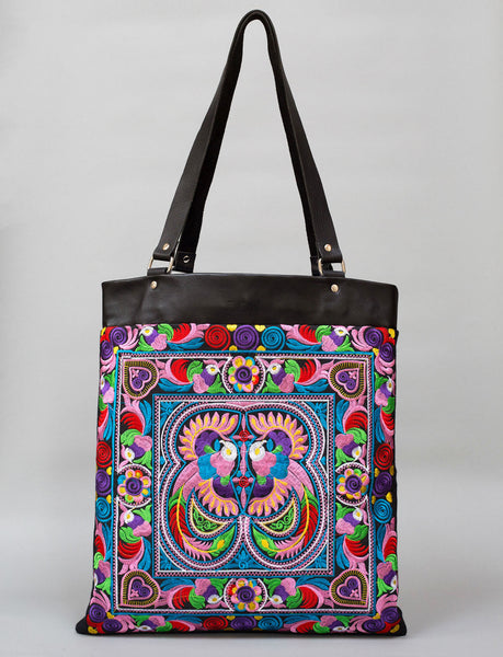 Multi Birds BOH Embroidered Leather Shopper tote handbag front