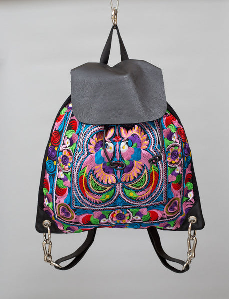 BOH Multi birds embroidered leather backpack rucksack handbag front