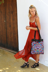 Multi Birds BOH embroidered leather tote shopper handbag on model