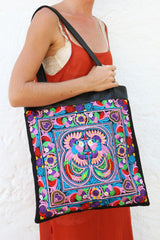 Multi Birds BOH embroidered leather Shopper tote handbag close up