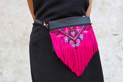 Bag Of Hope BOH pink tassel embroidered waist bag leather shoulder bag close up