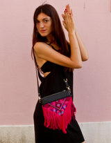 Bag Of Hope BOH pink tassel embroidered waist bag leather shoulder bag on model