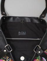 Multi Birds BOH embroidered leather shopper tote handbag close up inside