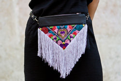 Bag Of Hope BOH silver tassel multicolour embroidered waist bag leather shoulder bag close up