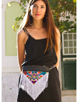 Bag Of Hope BOH silver tassel multicolour embroidered waist bag leather shoulder bag on model