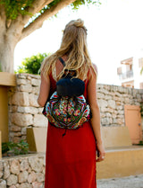Square Flower BOH embroidered leather backpack everyday handbag on model