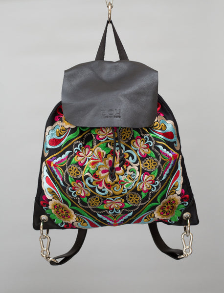 Square Flower BOH embroidered leather backpack everyday handbag front